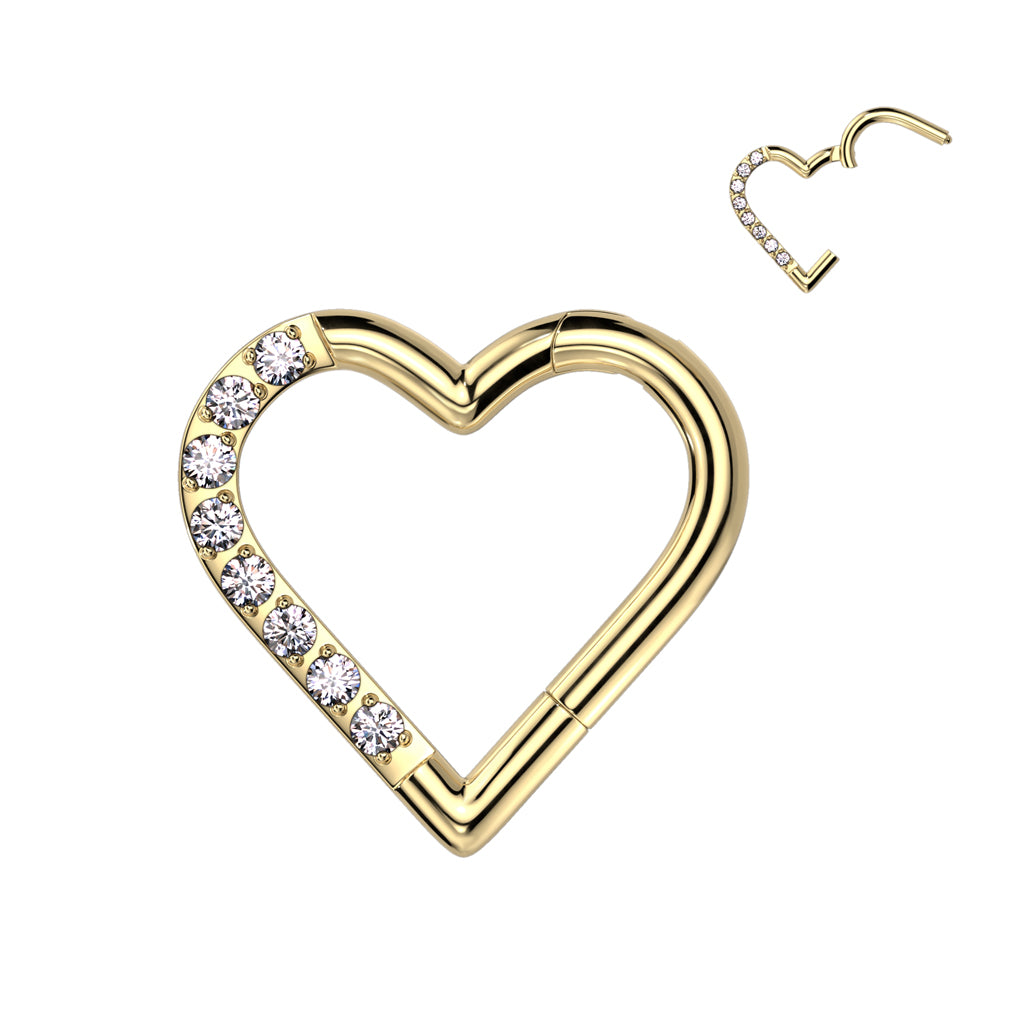 16G Titanium Hinged Hoop W/ Half Pave CZ Heart For Daith Piercings